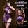 Woman modeling purple sheer split skirt lingerie set with halter tie and ruched bodycon dress, back view shown.