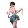 A woman poses with a green satin wrap around her waist, showcasing a playful and exotic design. the top features a halter nec...