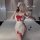 Woman in white lace lingerie set with red bows, posing on bed; includes headpiece and garters. pure & tempting maid costume s...