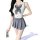 A woman models a naben sexy small-bust jk uniform set featuring a white bodysuit with a large gray bow tie and pleated skirt,...