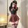 Qingshe seductive lingerie set featuring a black crop top with plaid tie, red plaid pleated skirt, and thigh-high stockings, ...