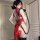 Adorable bunny maid cosplay costume featuring a sheer red dress with lace details, perfect for sexy sleepwear or servant outf...