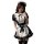 A woman wearing a black and white maid costume with ruffled details, featuring a bow tie and apron, perfect for cosplay or se...