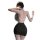 Woman wearing pure & tempting lace bodysuit, showing sheer mesh back and flirty cutouts with black skirt.