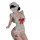 White lace maid lingerie set with red bow accents, featuring a deep v-neck bodice, ruffled apron, matching headpiece, and gar...