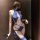 Sexy lace bodysuit with halter neck design, featuring cut-out details and thigh-high stockings, perfect for evening wear or i...