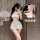 Seductive vintage-inspired silk-look lingerie set featuring a lace-trimmed qipao design with delicate straps, perfect for wom...
