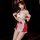 A woman poses wearing a festive christmas maid outfit, featuring a strapless top with red bows and a matching skirt with a sw...