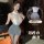 Woman modeling a white lace top and grey bodycon skirt from the pure & playful secretary costume set, featuring sheer details...