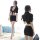 Woman modeling black sheer lace blazer and bodycon skirt lingerie set in office-themed style, front and back view.