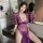 Sexy purple lace dress with sheer fabric, featuring a plunging neckline, three-quarter sleeves, and a side slit. perfect for ...