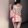 Anime-inspired kimono-style deep v-cut lingerie set featuring a silky pink fabric with floral patterns, perfect for seductive...