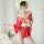 A woman models a vibrant red floral kimono costume with a deep v tie-waist design, perfect for role play.