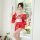 A woman poses elegantly in a vibrant red floral kimono costume, featuring a deep v tie-waist design and sheer chiffon sleeves...