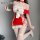 Sexy red bodysuit with bow and feather details, perfect for festive occasions. ideal strapless bandage sleep dress and tight ...