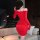 Sexy off-shoulder red dress with side drawstring, perfect for new year eve nightwear, offering vibrant feminine style.