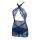 Navy blue lace bodycon sleepwear with sheer mesh panels and crisscross straps, featuring a no-remove design for sensual allur...