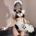 Anime maid costume featuring pvc pu leather design, open crotch style, and busty cutouts for cosplay and role play outfits.