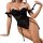 Woman wearing black lace bodysuit with sheer mesh, strapless design, and bow accents on arms and hips.