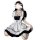 A woman wearing a black and white maid dress, featuring ruffled details and cat ears, perfect for cosplay or lolita fashion. ...