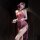 Woman wearing purple lace cheongsam style lingerie with high slit, holding fan, blindfolded, elegant and alluring look.