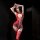 Woman wearing red chao mu qing qu sheer mesh bodysuit with cutouts and lace details, posing seductively in dim lighting.