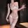 Woman modeling chaomu floral lace nursing bra, sheer underwire push-up lingerie with matching panties and lace thigh-highs.