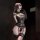 Woman wearing black chaomu lace bodysuit with sheer mesh, adjustable straps, and thigh-high stockings in dim lighting.