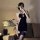 Chic chinese-inspired black lingerie set featuring a sexy modern cheongsam design with side slit and backless embroidered bra...