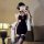 Chic chinese-inspired lingerie set featuring a sexy modern cheongsam design with side slit and backless embroidered bra, pair...
