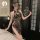 Sexy sheer high-slit ink-wash print qipao dress with adjustable ties, elegant design, perfect for evening wear.