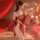 A woman elegantly poses wearing a red chinese tang dynasty silk sleep gown, featuring sheer fabric and floral embroidery, ins...