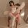 A woman sits elegantly on an antique chair, wearing a sheer chiffon chinese traditional doudou lingerie set. the delicate des...