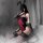 Sexy red and black lace christmas bunny bodysuit with snap crotch, adjustable straps, sheer gloves, and thigh-highs.