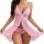 Woman wearing pink sheer lace slip dress lingerie with matching panties, featuring delicate mesh and ruffled hem.
