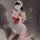 Woman wearing white lace maid apron set with red bow, backless design, and cheeky cutout. sexy playful lingerie costume for r...