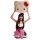 A woman wearing a cute kitty cat maid costume set, featuring a black and white dress with pink accents, holding a large hello...