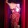Woman wearing red dunhuang flying apsara lingerie set with gold-embossed sheer mesh bustier and matching skirt, back view.