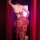 Woman wearing red dunhuang flying apsara lingerie set with gold-embossed sheer bustier and skirt, back view in dramatic light...
