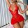 Woman wearing red lace sleep dress with open-crotch design, romantic lingerie for seductive nights.