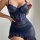 Elegant navy blue european-style lace lingerie set featuring sheer mesh fabric, underwire push-up bras, and adjustable straps...