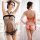 Sheer lace halter bodysuit with matching thong in black and red, featuring mesh fabric and delicate detailing for a sensual l...