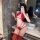 Woman in red fei niao kui yue lace bodysuit and sheer thong, posing seductively in bathroom mirror selfie.
