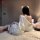 Feiniao moon gaze lace lingerie set - sheer mesh cami & robe sleepwear outfit for women, showcased on a luxurious bed with el...