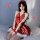 A woman wears a red polka dot dress with white fur trim, paired with matching headband and wrist cuffs, perfect for festive o...