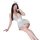Woman in light blue nurse lingerie set with lace eye mask, white stockings, and garter belt.