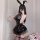 Sexy black dress with shiny pu lace, halter tie straps, and bunny ears. perfect for bold fashion statements.