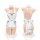 White heart-shaped apron with black trim and bows, front and back view on mannequin.