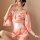 A woman models a pink japanese kimono-style lingerie set featuring floral patterns, perfect for bedroom play and roleplay.