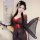 A woman elegantly poses holding a traditional japanese instrument, wearing a black floral print japanese-style sexy lingerie ...